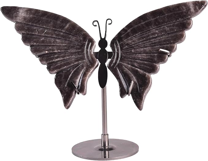 JIC Gem Large Silver Obsidian Crystals Butterfly Art Decorative Stones Natural Rocks Healing Crystal Carved Angel Wings with Display Decor Reiki Gifts (1pair, 10cm)