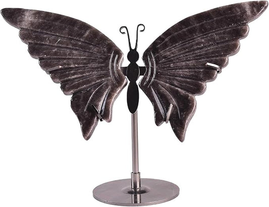JIC Gem Large Silver Obsidian Crystals Butterfly Art Decorative Stones Natural Rocks Healing Crystal Carved Angel Wings with Display Decor Reiki Gifts (1pair, 10cm)