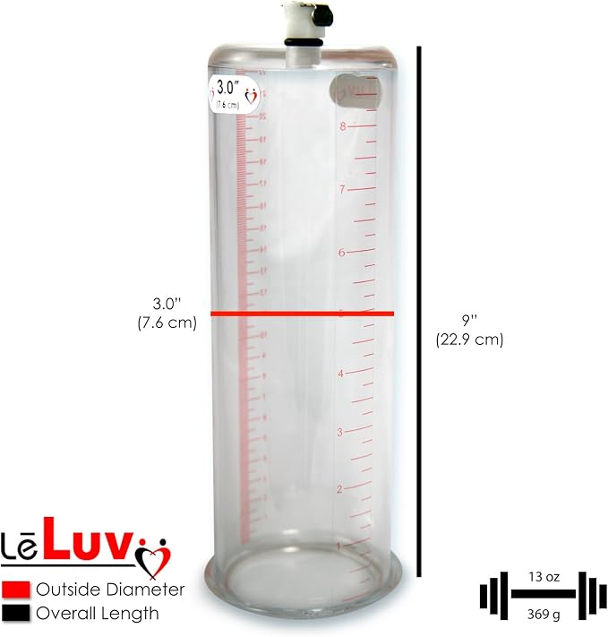 LeLuv Vibrating Penis Pump Maxi Red Handle + Protected Gauge and Clear Hose - 9 inch Length x 3 inch Diameter Cylinder