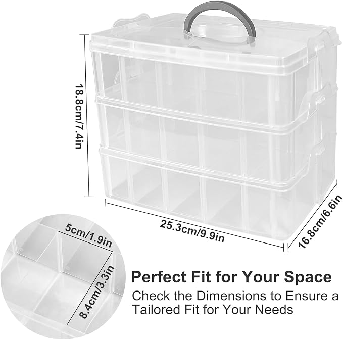3-Tier Stackable Storage Container Box, 30 Compartments - Upgraded Large Clear Craft Organizer with Dividers for Beads, Small Toys, Jewelry, Washi Tape & Sewing Supplies