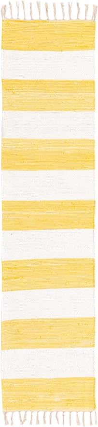 Unique Loom Chindi Rag Collection Area Rug - Striped (2' 2" x 8' Runner, Yellow and Ivory)