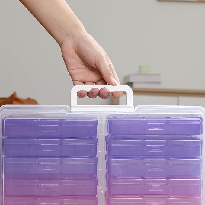 4" x 6" Plastic Photo Storage Case with 16 Inner Photo Containers Boxes Greeting Cards Containers Boxes Storage, Seed Storage Perfect for Storing Pictures,Photos and Cards (Pink & Purple)