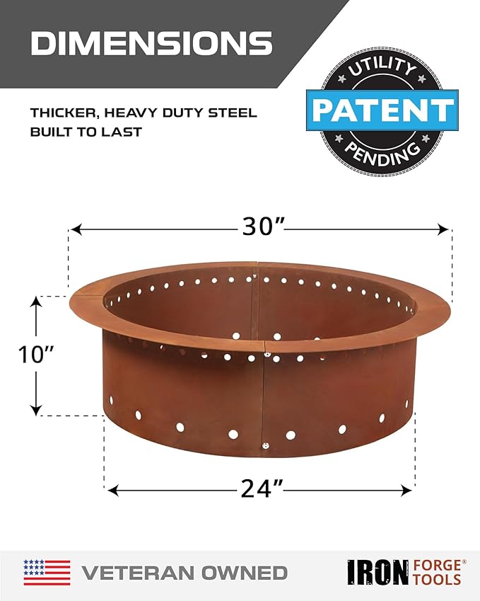 Iron Forge Tools Smokeless Outdoor Fire Pit Ring Insert 30 Inch Round | heavy duty corten steel, permanent fire pit rings, backyard bonfire, smokeless firepit, 24 inch inner ring, pit liner insert