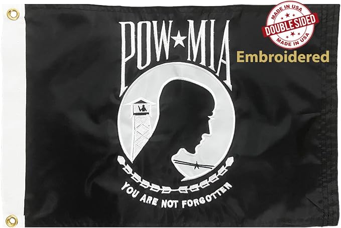 Homissor Pow Mia Flag Embroidered 12x18 Outdoor - Heavy Duty Double Sided You are Not Forgotten War Flags 300D Nylon Military Pow Flags for Outside (12x18 Inch)