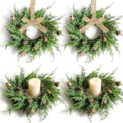 4 PCS Christmas Candle Rings Wreaths Mini Cedar Pine Candle Holder Rings by Unknown