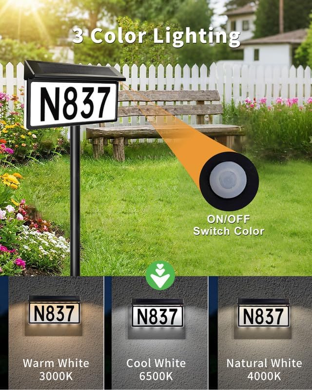 BRIMAX Solar Powered Address Sign,Lighted House Number Plaque IP65 Waterproof,3 Color Modes,Upgraded Side-Lit LED Sign,In-Ground Or Wall Mounted for Outside