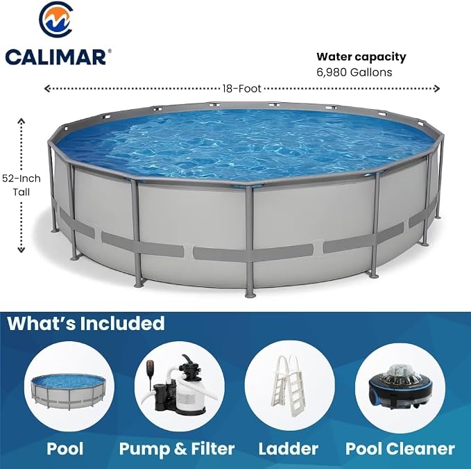 Heavy Duty Frame Above Ground Swimming Pool, CaliFun 18' Round 52" Tall – Rugged 30 mil Liner, Powder‑Coated HD Steel Frame, Easy Setup, Includes Pump, Sand Filter, Skimmer and Pool Cleaner
