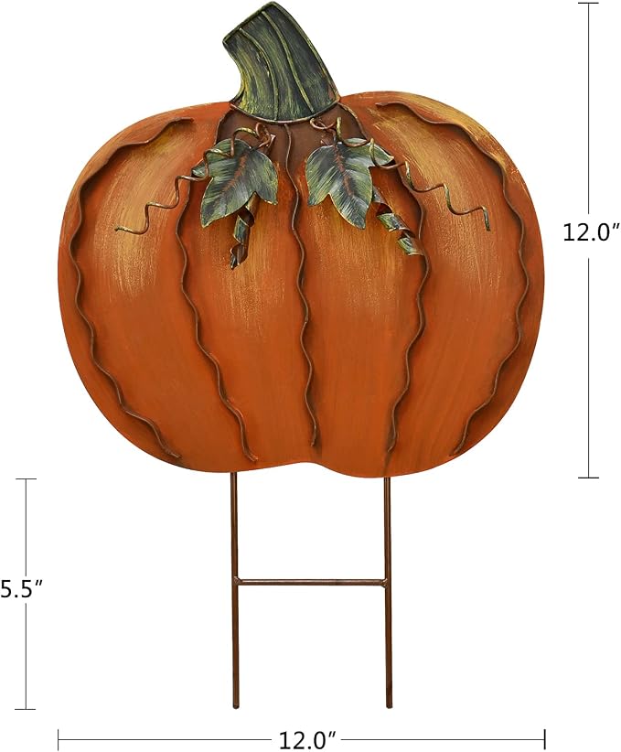 K KILIPES 17" H Metal Pumpkin Garden Stake Fall Decorations Outdoor Pumpkin Yard Sign Autumn Pumpkin Lawn Decor Decorative Garden Stake for Fall Harvest Thanksgiving Outside Patio Porch Decor