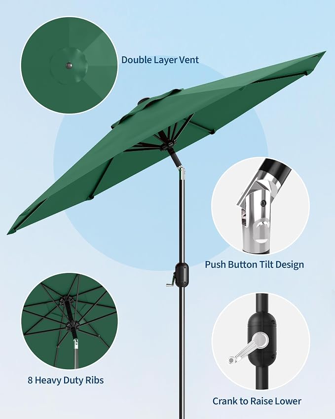 GarveeLife 10 ft Outdoor Patio Umbrella,Table Market Umbrella with Push Button Tilt and Crank, 8 Sturdy Ribs UV Protection Waterproof for Garden, Deck, Backyard, Pool (Dark Green)