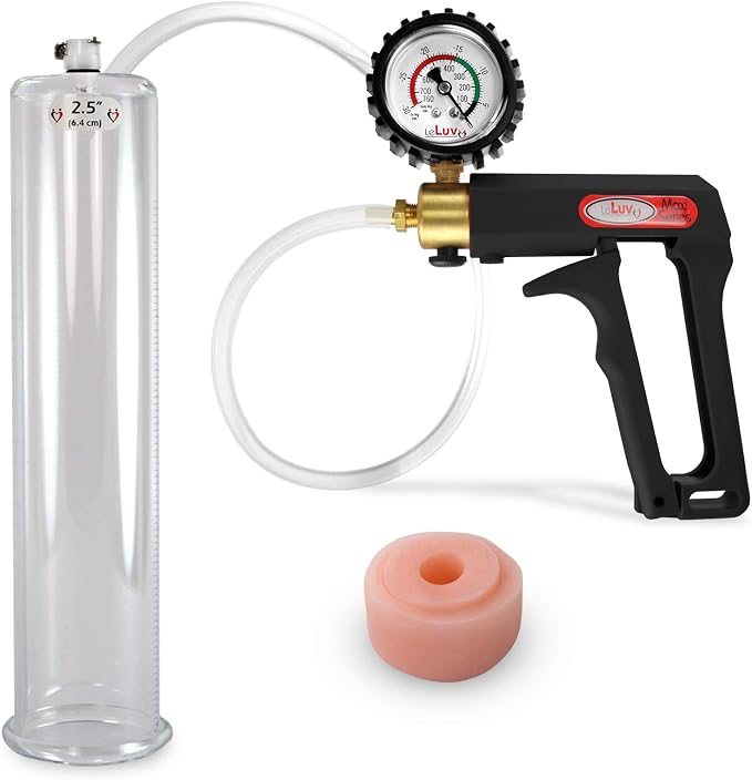 LeLuv Penis Pump Maxi Black Handle + Protected Gauge - Bundle with Clear Hose, Silicone Donut Seal - 12 inch Length x 2.50 inch Diameter Cylinder