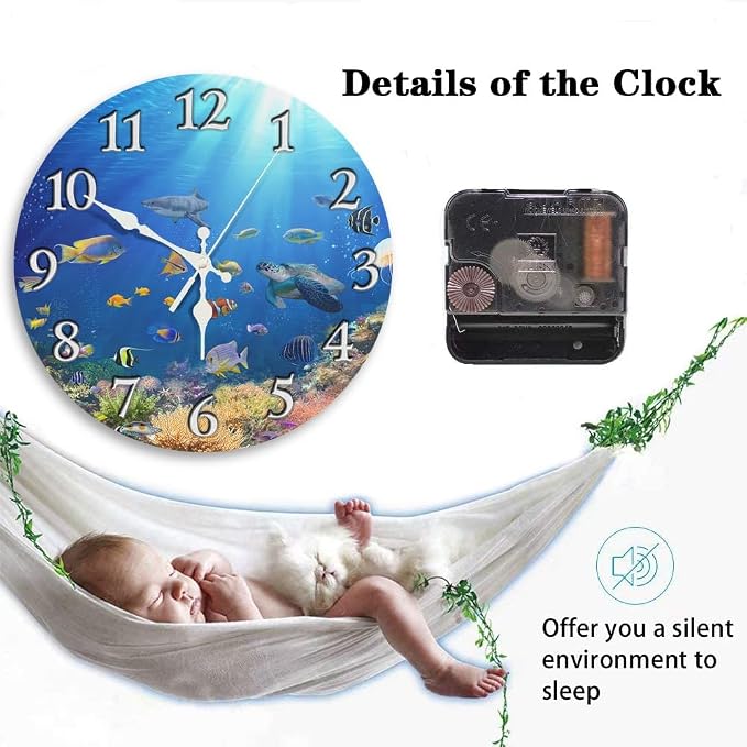 Britimes Round Wall Clock Silent Non-Ticking Battery Operated Clock 10 Inch, Underwater Coral Reef Tropical Fish Home Decor for Living Room, Bathroom, Bedroom, Kitchen, Office and School