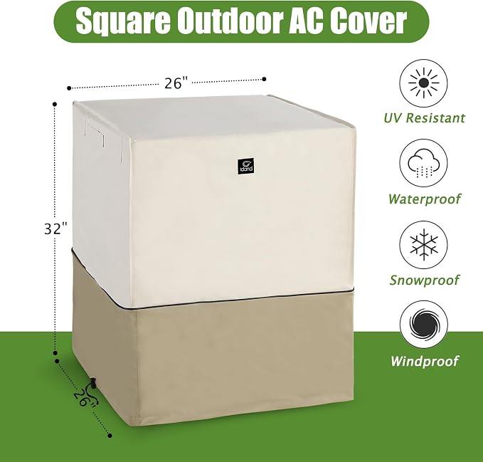 Air Conditioner Cover for Outside Units with Upgraded Waterproof Fabric, Durable 600D AC Cover for Outdoor Air Conditioner Protection, Fits up to 26W x 26D x 32H Inch Beige