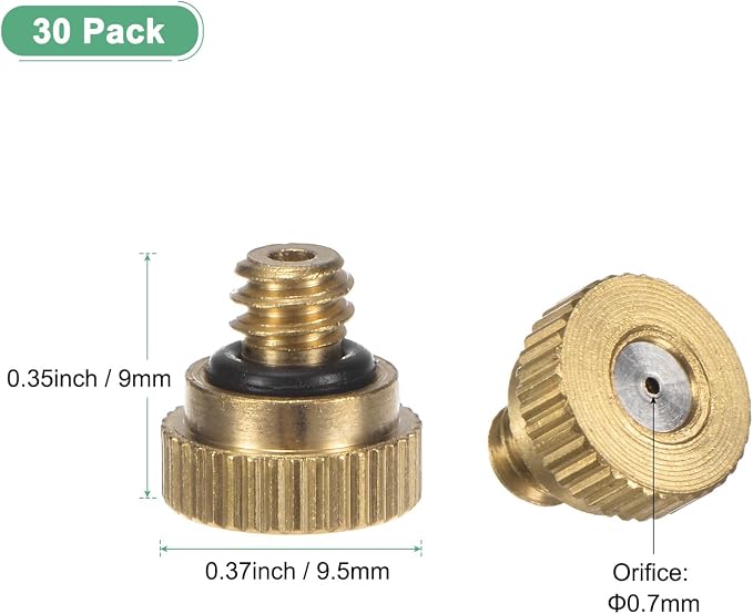 M METERXITY 30-Pack Brass Misting Nozzle, 0.028" 0.7mm Orifice 10/24 UNC O-Ring Replacement Mister Nozzles Plug Mister Heads for Garden Patio Outdoor Cooling System Low-Pressure Atomizing