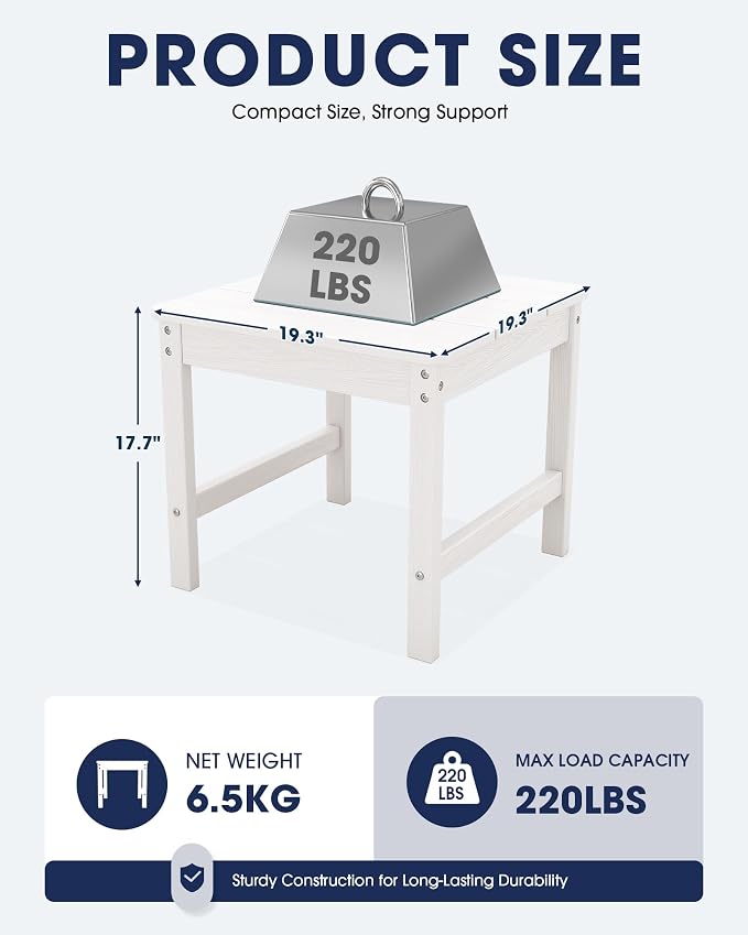 KINGYES Double Side Table with 1.6'' Umbrella Hole, HDPE Adirondack End Table- White