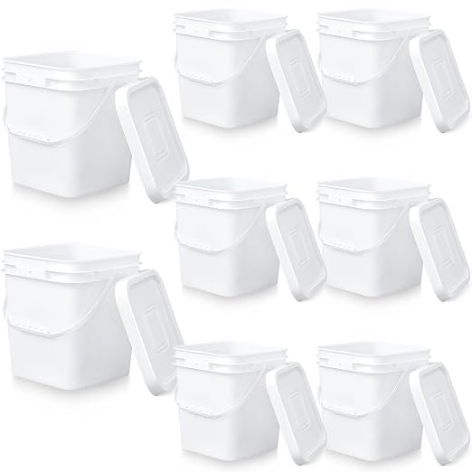 Mumufy 8 Pcs 3.5 Gallon Square Food Grade Bucket with Lid Square Bucket Pail Plastic Handles for Long Term Food Storage, Camping, Fishing, Home Organization Easy Stack and Store (White)