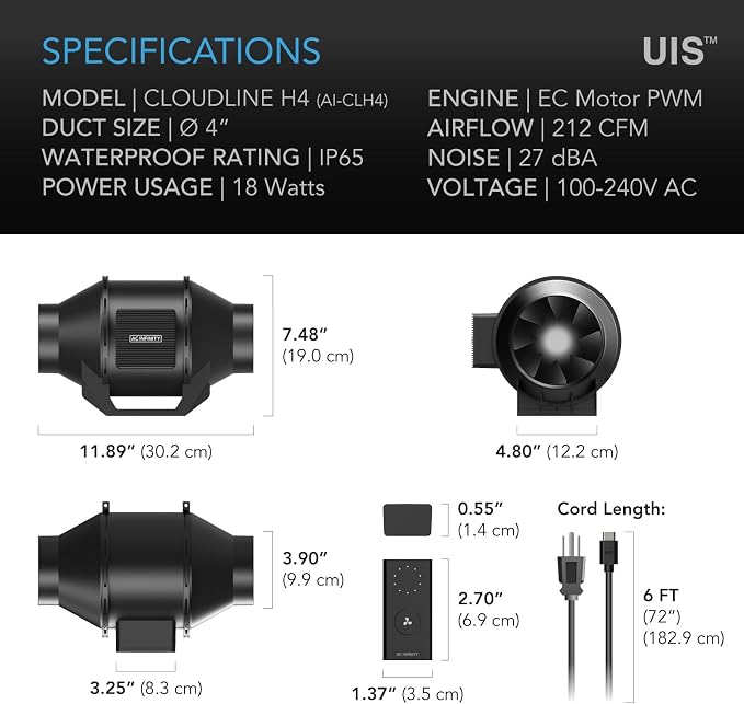 AC Infinity CLOUDLINE H4, Quiet 4” Inline Duct Fan with Speed Controller. | Humidity Proof IP65-Rated Ventilation Exhaust Fan in Grow Tents, Mushroom Fruiting Chambers for Propagation and Fungiculture