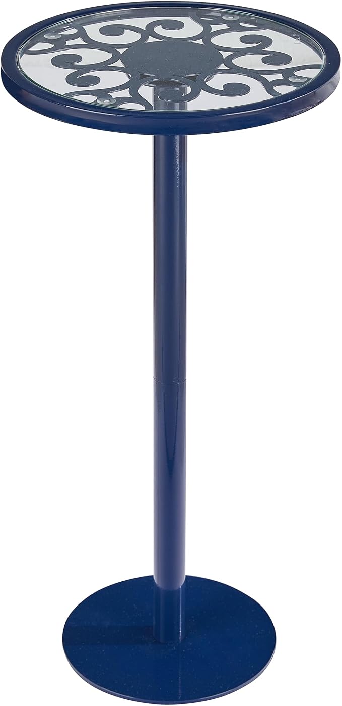 Navy Blue Drink Table, Indoor Outdoor Small Round Side Table with Tempered Glass & Scroll Design, 24.7" Metal Pedestal End Table for Living Room,Patio, Pool, Coastal Nautical Decor (Navy Blue)