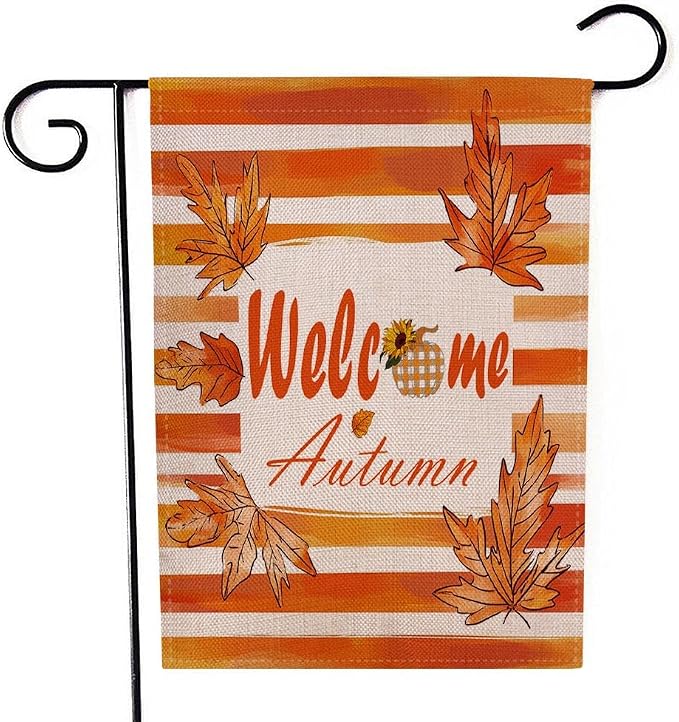 EMMTEEY Welcome Garden Flag Fall Leaf 12.5X18 Double-Sided, Seasonal Yard Flags Welcome Autumn Small Burlap Garden Flags for Outside Front/Back Door