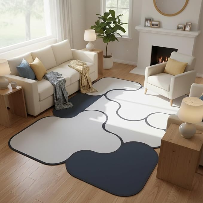 Faux Wool Thin Light Blue Grey Ombre Geometric Pattern Odd Shaped Area Rug 10x12 Non Slip Quick Dry Washable Bedroom Deco Rugs for Living Room Dining Room Home Office Dorm Playroom Floor Mats