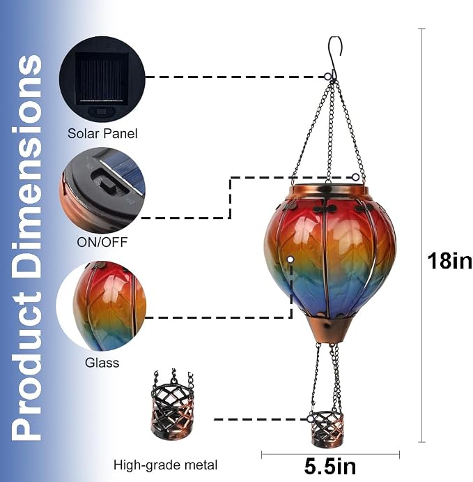 2PCS Solar Hot Air Balloon Flickering Flame Hanging Garden Light with Shepherd's Hooks, 18" H Waterproof Glass Outdoor Lantern for Yard Patio, Mother's Day Gift, Colorful-2PCS