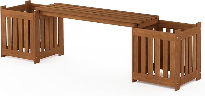 Furinno TIOMAN Planter Box with Bench, Hardwood Flower Box with Seat, Cube Garden Box, in Teak Oil, Outdoor Indoor, Garden, Patio, Balcony, Light Wood