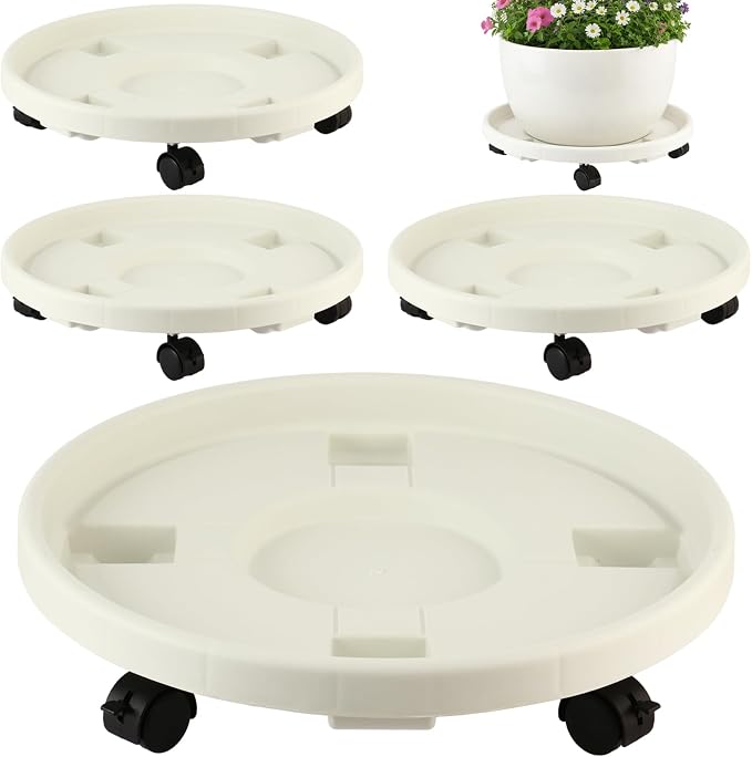 4-pack 16" Extra-large Plant Caddy with Wheels Plastic Plant Dolly with Locking Caster Flower Pot Mover Rollers Wheeled Rolling Plant Stands Round Plant Saucer Indoor Outdoor Base Coasters White