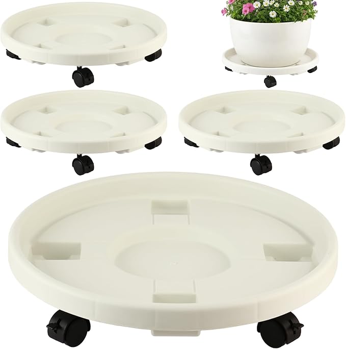 4-pack 17.3" Extra-large Plant Caddy with Wheels Plastic Plant Dolly with Locking Caster Flower Pot Mover Rollers Wheeled Rolling Plant Stands Round Plant Saucer Indoor Outdoor Base Coasters White