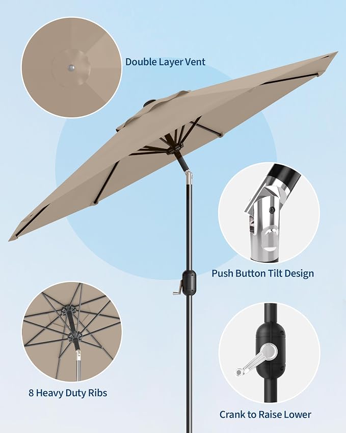 GarveeLife 9 ft Patio Umbrella, Outdoor Table Market Umbrella with Push Button Tilt and Crank, 8 Sturdy Ribs UV Protection Waterproof for Garden, Deck, Backyard, Pool (Tan)