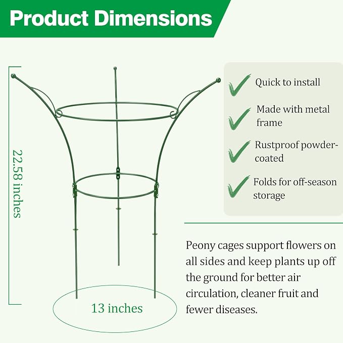 4 Pack Peony Cages and Supports Cages 13" D x 22.8" H Sturdy Metal Support Frame for Peonies & Roses Natural Bouquet Shape Garden Stakes for Outdoor Plants Flowers Ornamental (Green)