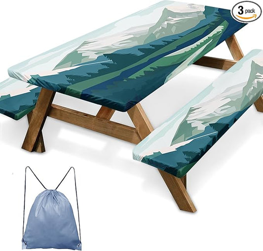 3 Piece Fitted Picnic Table Cover with Bench Covers, 72"x30" Full Elastic Edge Camping Tablecloth, Waterproof Wipeable RV Outdoor Patio Park Camping Essentials With Drawstring Bag (Mountain)