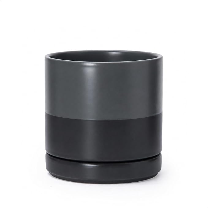 D'vine Dev 6 Inch Ceramic Planter Pot with Drainage Hole and Saucer, Indoor Cylinder Round Planter Pot, Slate, 94-O-C-5