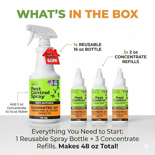 Nature's Dome Pest Killer Starter Kit, Makes 48 Oz (3 Concentrate Vials + 1 Reusable Sprayer) Plant-Based Ant, Roach, Spider & Fly Killer Spray | Indoor/Outdoor, Child & Pet Safe Essential Oil Formula