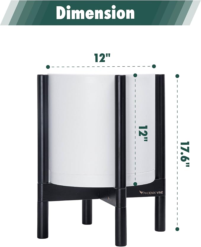 D'vine Dev Planter Pot with Stand - 12 Inch Plastic Cylinder Flower Pot with Wood Planter Holder for Indoor, Matte White Pot + Ebony Stand, 55-C-Q-1