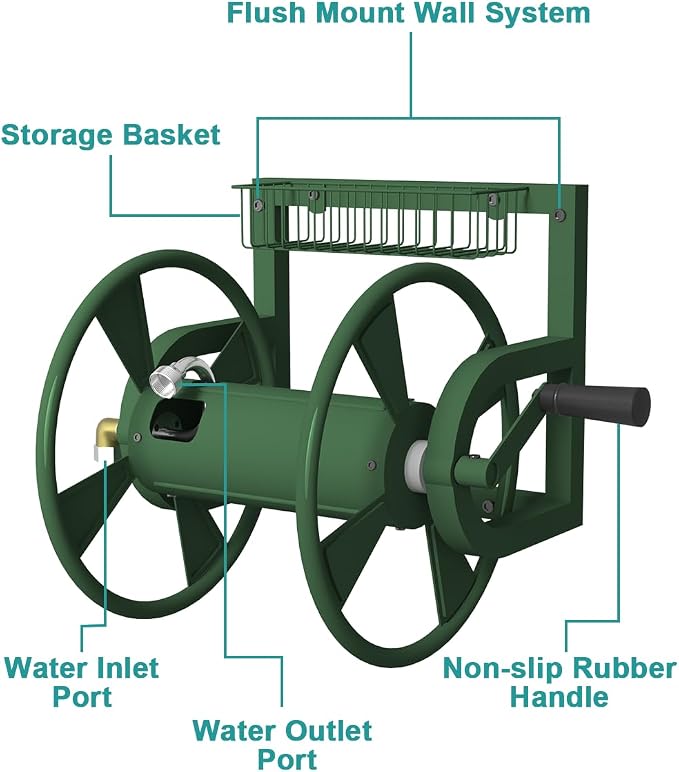 Artigarden Garden Wall Mounted Hose Reel, Outdoor Heavy-Duty Water Hose Holder Winder, Holds 125 Feet of 5/8-Inch Hose, with 3.9 ft Leader Hose, Water Fitting and Storage Basket for Yard, Green