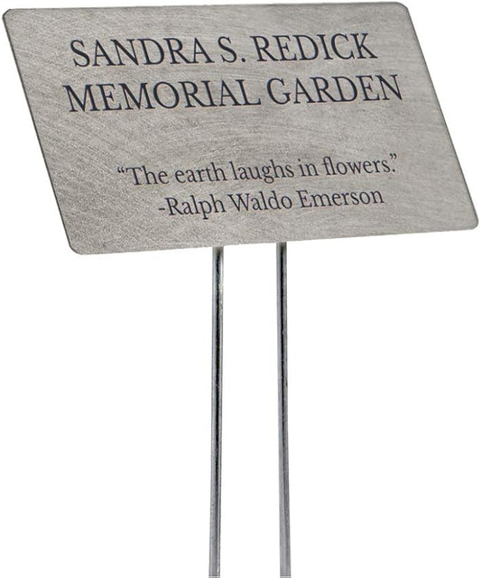 Outdoor Metal Garden Sign, Label, or Memorial. 4 x 2" or 6 x 4" sign with rounded corners and a 10" stake. Materials Include: Stainless Steel, Brass, Copper, Bronze and Titanium. (Titanium, 4 x 2")