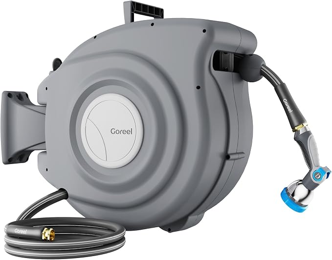 Retractable Garden Hose Reel 1/2 in x 100 ft Heavy Duty Automatic Water Hose Reel with 10-Function Sprayer Nozzle Kink-Free Auto Rewind Any-Length Lock 180° Swivel UV Resistant - Dark Gray
