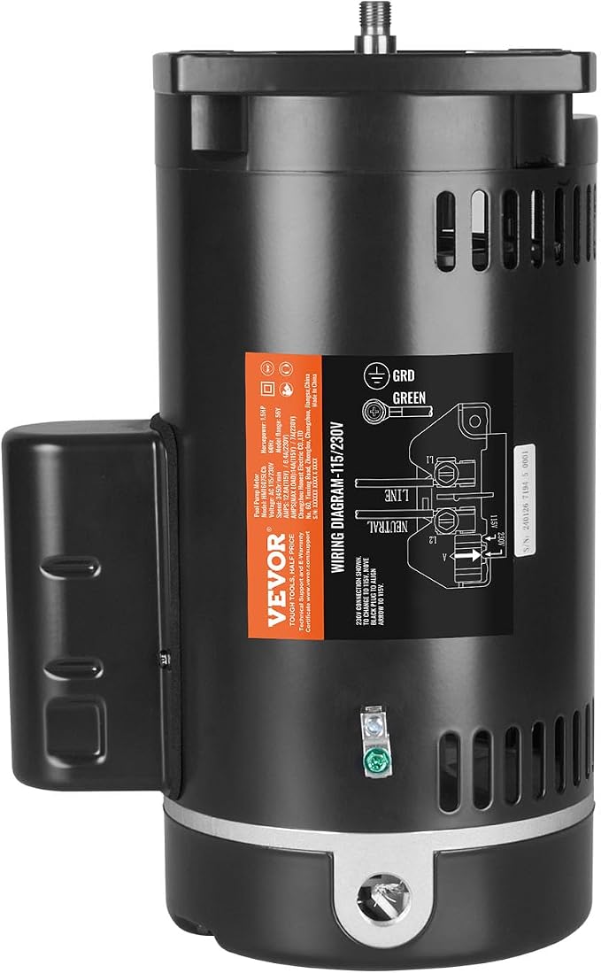VEVOR 1.5 HP Pool Pump Motor, 56Y Frame, 115V((12.8 Amps))/230V(6.4 Amps) 3450 RPM, 60Hz, 1.1 Service Factor, 90μF/250V Capacitor, CCW Rotation Square Flange Replacement Motor