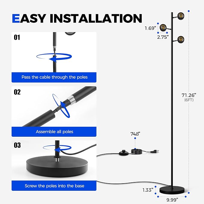 Barrina T1X3 Floor Grow Lights for Indoor Plants, 30W, 5000K, Full Spectrum, Adjustable 3 Heads, High PPFD, 6FT with Foot Switch, Vertical Plants Light for Growing, Standing Grow Lights for Tall Plant