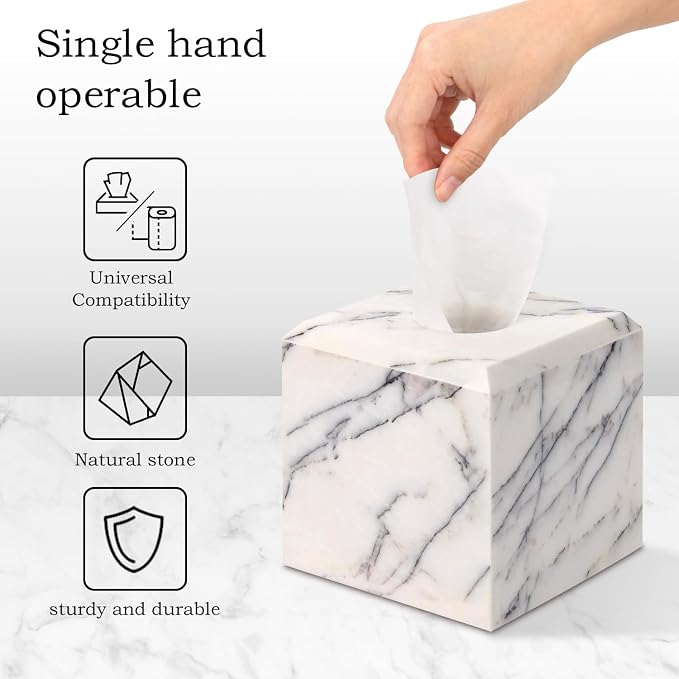 Natural Marble Square Tissue Box Cover,Stone Modern Decorative Sturdy Napkin Box Holder Case,Facial Paper Organizer for Bathroom Vanity Toilet Countertop,Kitchen (1, Lilac, 5.71 * 5.71 * 5.51)