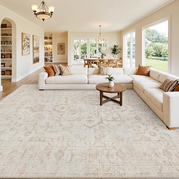 8x10 Area Rugs Living Room: Bedroom Washable Carpet Warm Beige | Vintage Boho Soft Small Indoor Decor Floor Non-Slip Low Pile Neutral Farmhouse Entryway Laundry Bathroom Bedroom Beside Rugs