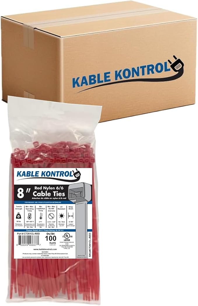 Kable Kontrol Red Zip Ties 8 Inch 10,000 Pcs, 50 Lbs Tensile Strength, Bulk Pack, Self-locking Nylon Colored Cable Ties Wire Wraps for Indoor or Outdoor Use
