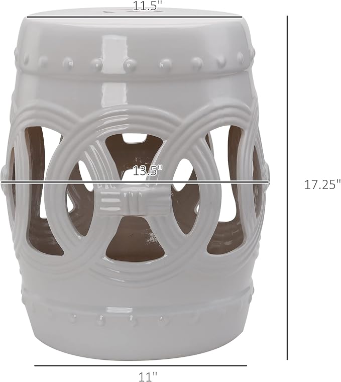 Outsunny 14" x 17" Ceramic Garden Stool with Double-Coin Knotted Ring Design & Strong Glazed Material, Decorative Outdoor Stool, Home Collection, White