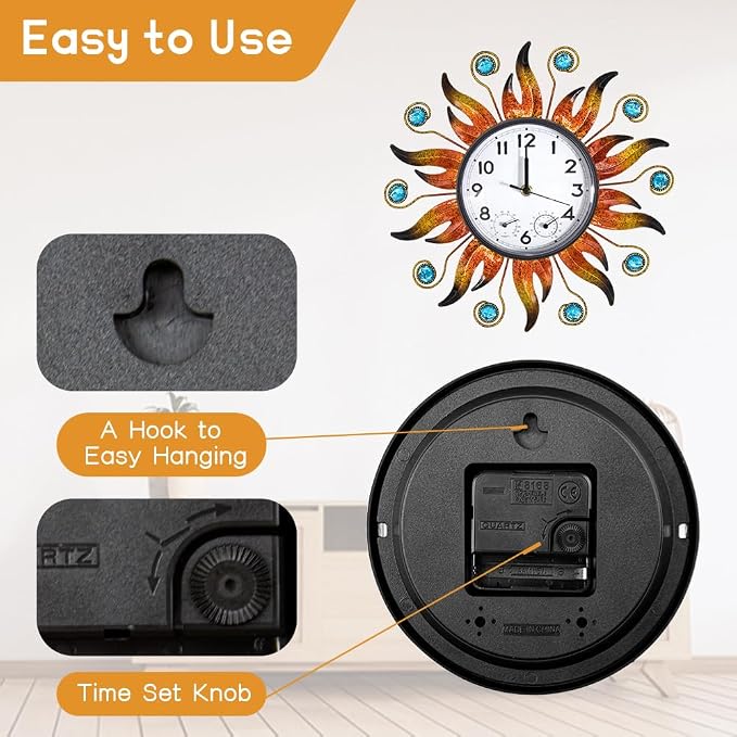 Sun Outdoor Clock with Thermometer and Hygrometer Combo, Silent No-Ticking Outdoor Wall Clock, Waterproof Quartz Clock for Patio, Living Room, Kitchen, Garden, 13 Inch | Silent No-Ticking, Easy to Read, Quartz Clock Waterproof, Decor for Patio, Living ...