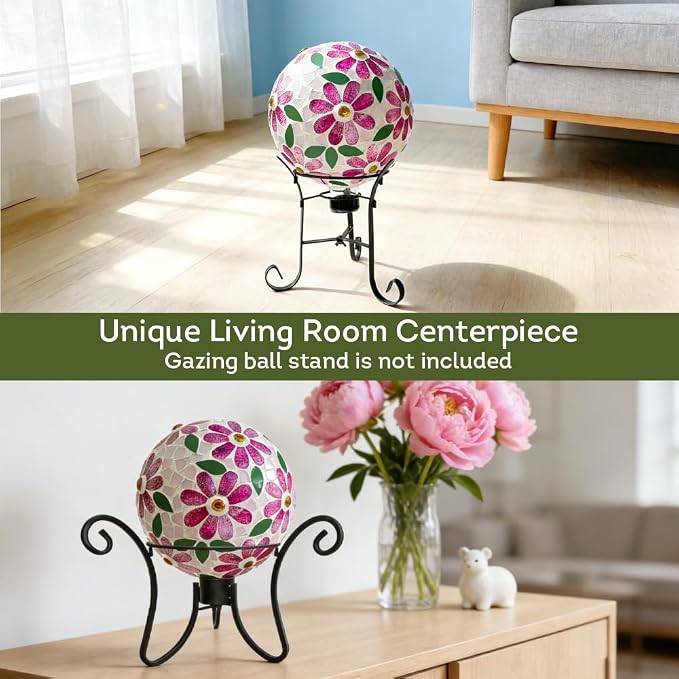 Lily's Home Colorful Mosaic Glass Gazing Ball, Durable Outdoor Reflective Globe - Enhances Yard, Patio, Home Ambiance for Garden Lovers, Vibrant Glass Flower Pattern (10" Diameter)