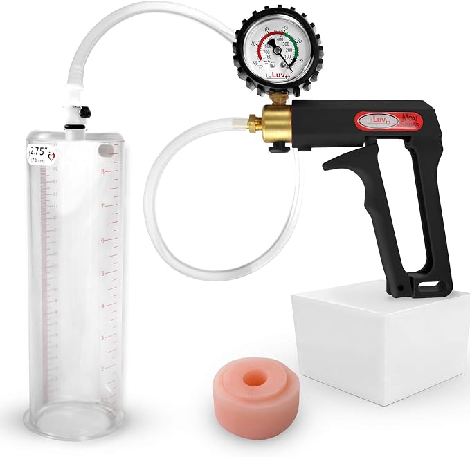 LeLuv Penis Pump Maxi Black Handle + Protected Gauge - Bundle with Clear Hose, Silicone Donut Seal - 9 inch Length x 2.75 inch Diameter Cylinder