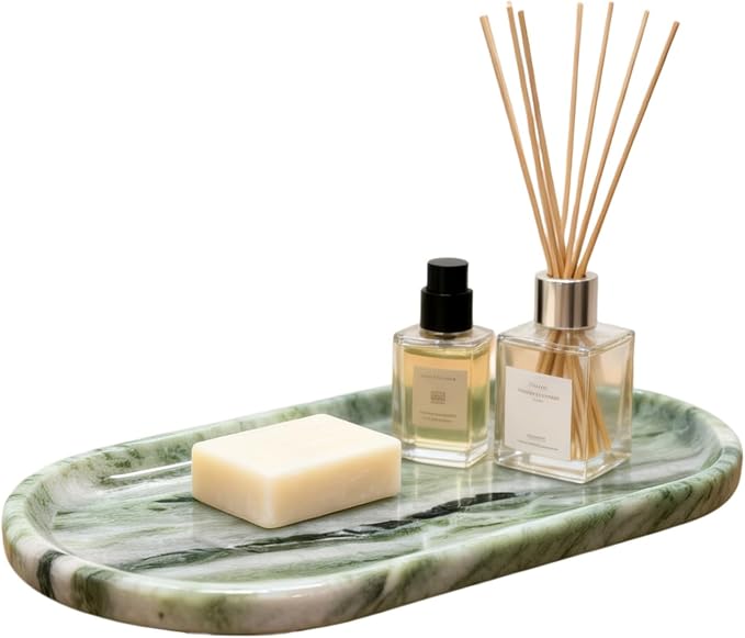 Green Marble Vanity Tray 9.8", Natural Stone Organizer for Bathroom | Luxury green marble tray, polished non-slip base, Perfect for jewelry, perfumes, décor. Unique pattern, ideal gift for her.