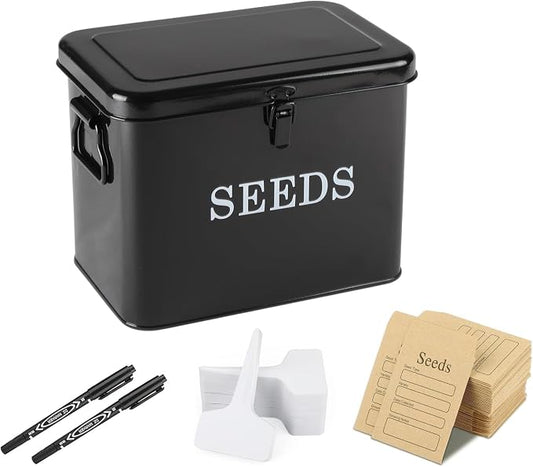 Seed Storage Organizer, T-Shape Compartment Seed Box with Safety Lock, Metal Seed Saving Box, Portable Seed Bin Container with Handle, Including 2 Pens 20 Plant Labels 50 Seed Envelopes-Black