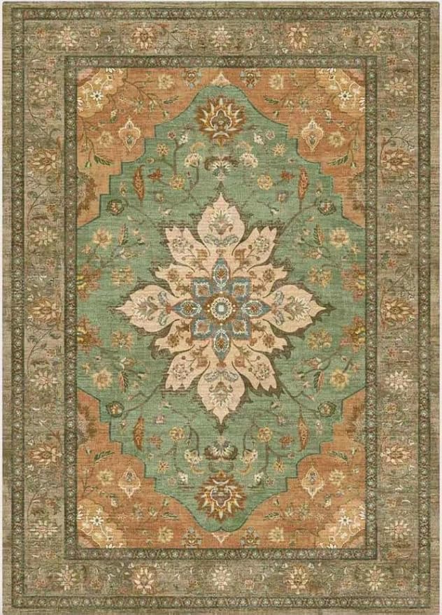 Tangsoo Vintage 2.6x10 Washable Hallway Runner Rugs, Non Slip Rug Runners | Oriental Soft Low Pile Long Rug, Boho Farmhouse Print Indoor Carpet Runners for Living Room Kitchen Bedroom Tan/Green Decor