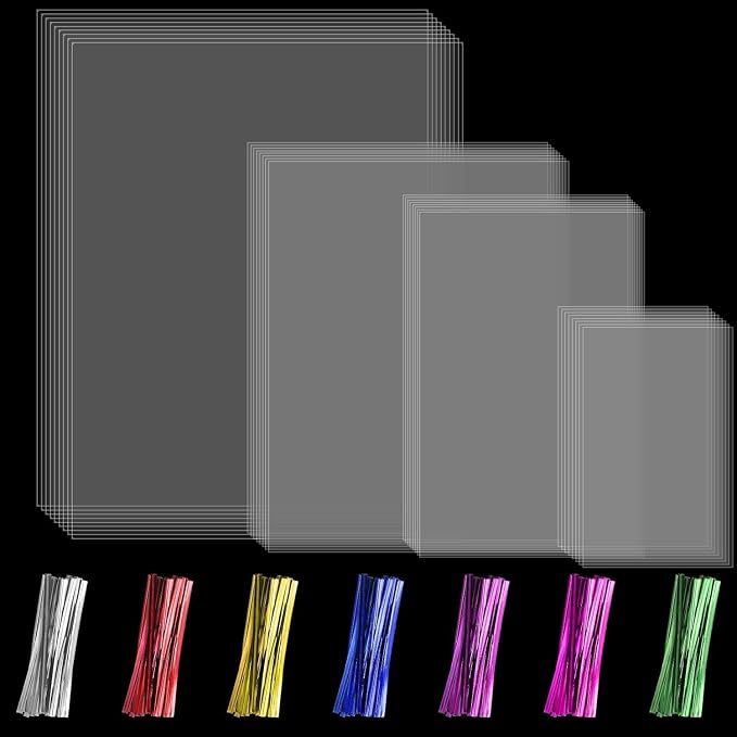 Boao 4 Sizes 200 Pieces Clear Plastic Cellophane Bags Cello Treat Bags with Mix Colors Twist Ties for Christmas Birthday Holiday (12 x 16 In, 14 x 20 In, 16 x 24 In, 18 x 30 in)