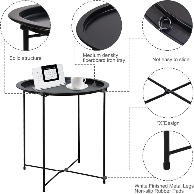 Garden 4 you End Table Metal Side Table Black Round Folding Tray Cyan Sofa Small Accent Fold-able Table, Round End Table Tray, Next to Sofa Table, Snack Table for Living Room and Bed Room